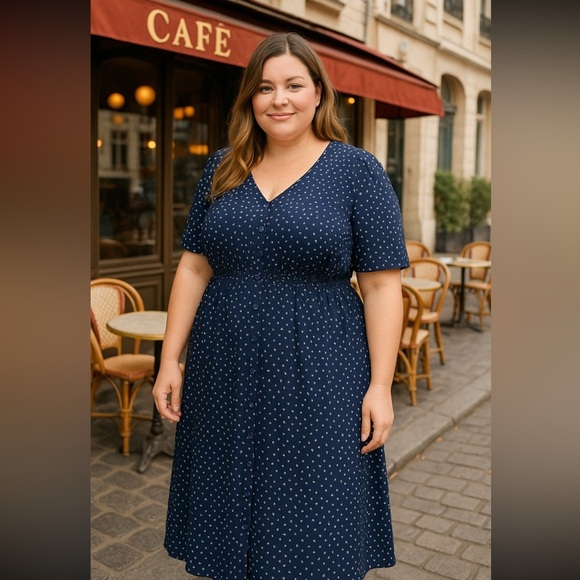 Navy Blue Womens Polka Dot Dress maxi button front XL stretch smocked waist - Picture 1 of 11